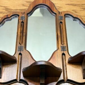 Vintage MCM Tri-fold Handcrafted Wooden Wall Sconce Mirror